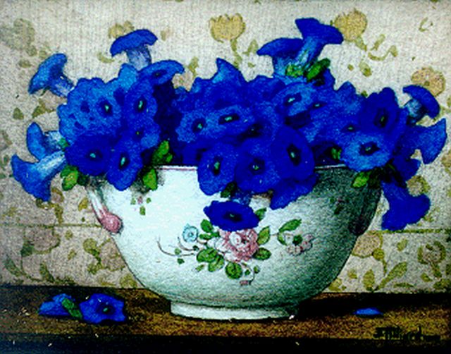 Filliard E.  | Gentians in a bowl, watercolour on paper 13.8 x 16.8 cm, signed l.r.