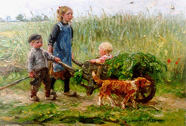 Zoetelief Tromp J.  | Children and a dog in a field, oil on panel 23.7 x 34.0 cm, signed l.r.