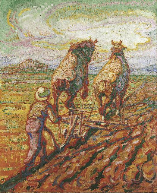 Gouwe A.H.  | Ploughing horses, oil on canvas 74.5 x 61.5 cm, signed l.r. and painted circa 1923