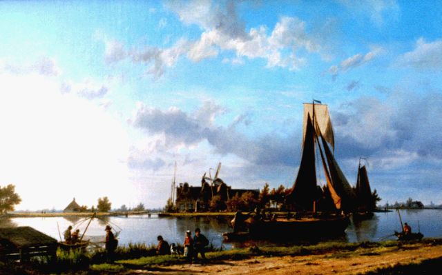 Koekkoek H.  | Rivierlandschap met zeilschepen en vissers, oil on canvas 36.2 x 57.0 cm, gesigneerd r.o.
