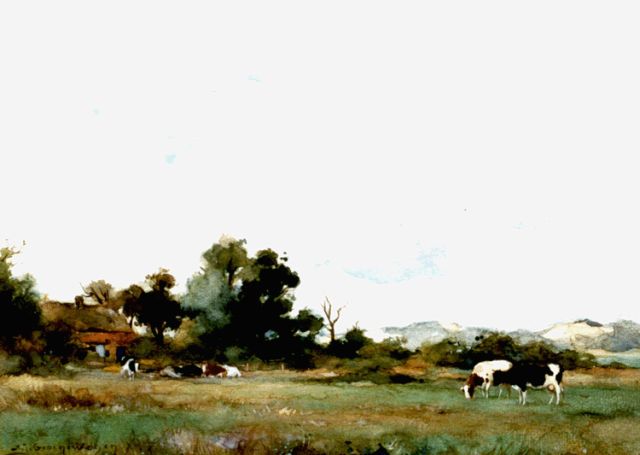 Groenewegen A.J.  | Cattle grazing, the dunes in the distance, watercolour and gouache on paper 23.0 x 31.2 cm, signed l.l.
