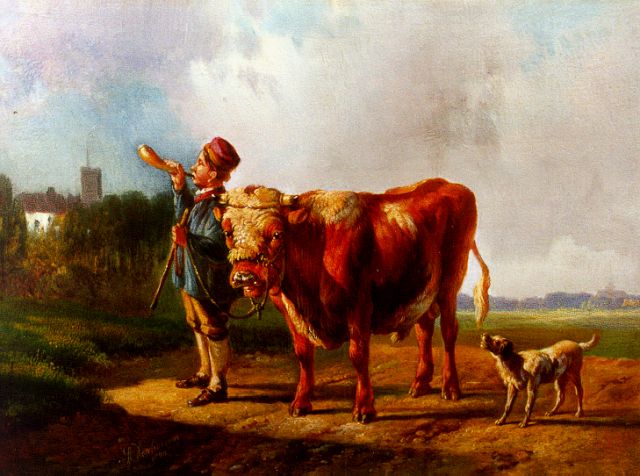 Verhoesen A.  | A young shepherd, oil on panel 17.9 x 23.0 cm, signed l.l. and dated 1870