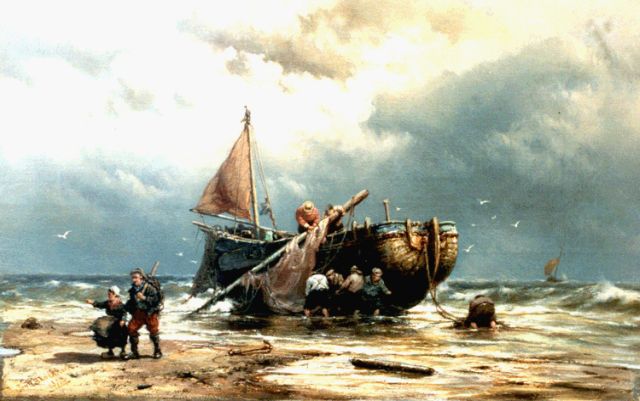 Koekkoek J.H.B.  | A 'bomschuit' on the beach, oil on canvas 33.1 x 51.6 cm, signed l.l. and dated 1875