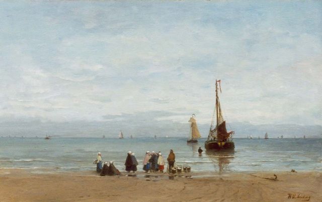 Mesdag H.W.  | Beach view of fishermen's wives awaiting the catch, oil on canvas 48.1 x 78.1 cm, signed l.r.