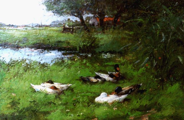 Helfferich F.W.  | Ducks by a pond, oil on panel 18.7 x 27.1 cm, signed l.l.
