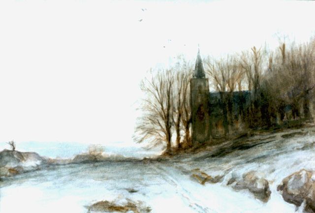 Apol L.F.H.  | A church in a winter landscape, watercolour on paper 24.0 x 34.5 cm, signed l.l.