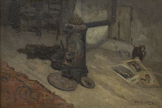 Leurs H.J.  | Interior with a round iron stove, oil on canvas 40.6 x 60.5 cm, signed l.r.
