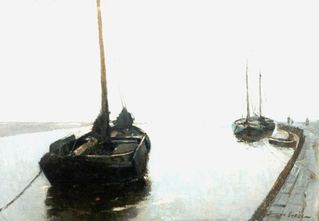 Grobe P.G.  | Moored Shrimp Boats, Katwijk aan Zee, oil on canvas 70.1 x 100.4 cm, signed l.r.