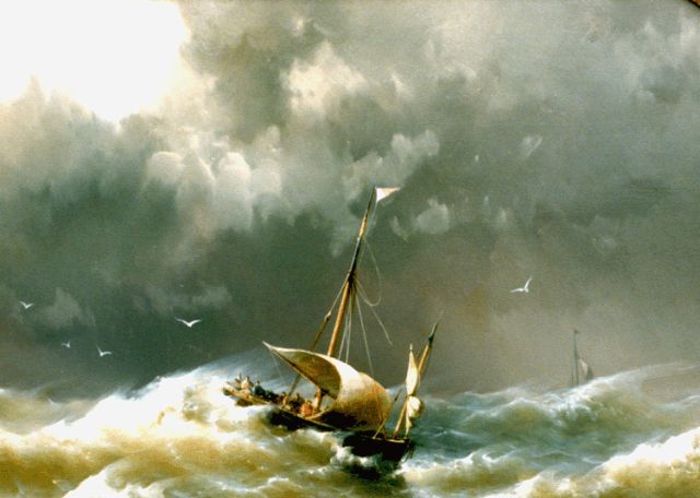 Koekkoek jr. H.  | Vessels caught in a squall, oil on panel 30.7 x 44.5 cm, signed l.r. and dated 1862