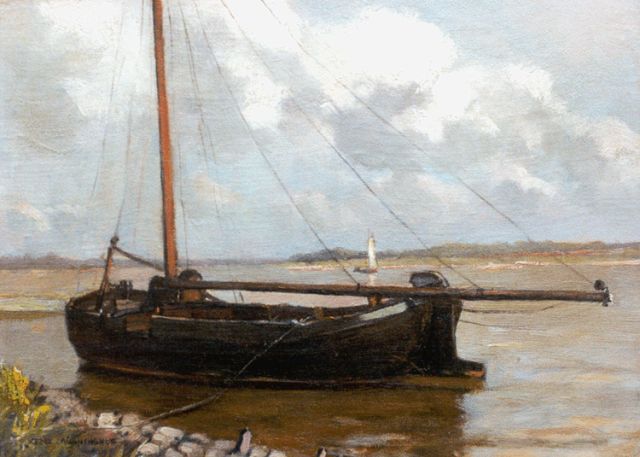 Münninghoff X.A.F.L.  | A moored flatboat, oil on canvas laid down on painter's board 21.4 x 29.4 cm, signed l.l.