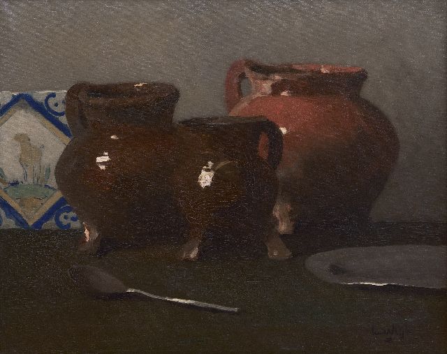 Leendert van der Vlist | Still life with lead glaze jars, oil on canvas, 40.2 x 50.2 cm, signed l.r.