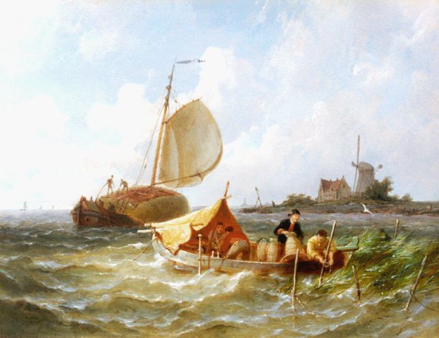 Dommershuijzen P.C.  | Haybarges on the Zuiderzee, oil on panel 19.4 x 25.4 cm, signed l.l. and dated '87