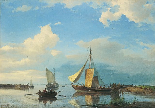 Koekkoek jr. H.  | Shipping in an estuary in calm weather, oil on canvas 42.7 x 60.3 cm, signed l.l. and dated '54