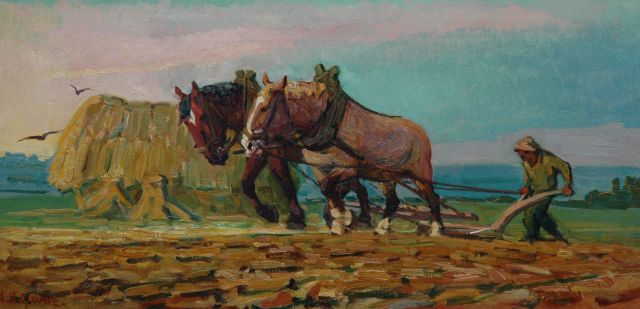 Herman Gouwe | Ploughing horses and farmer, oil on canvas, 43.3 x 85.5 cm, signed l.l.