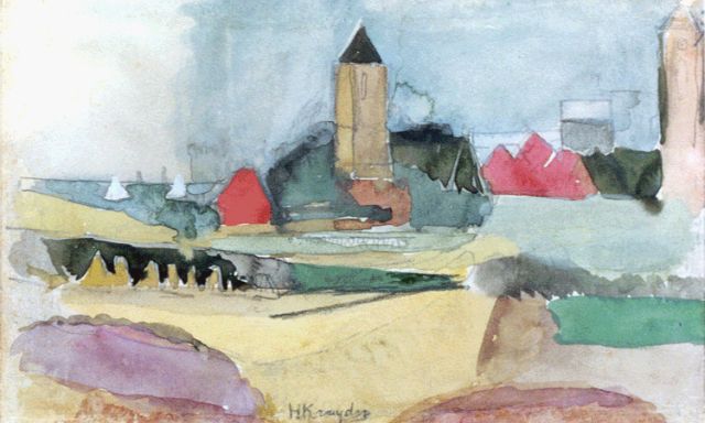 Kruyder H.J.  | A view of huizen in summer, black chalk and watercolour on paper 11.9 x 19.4 cm, signed l.c.