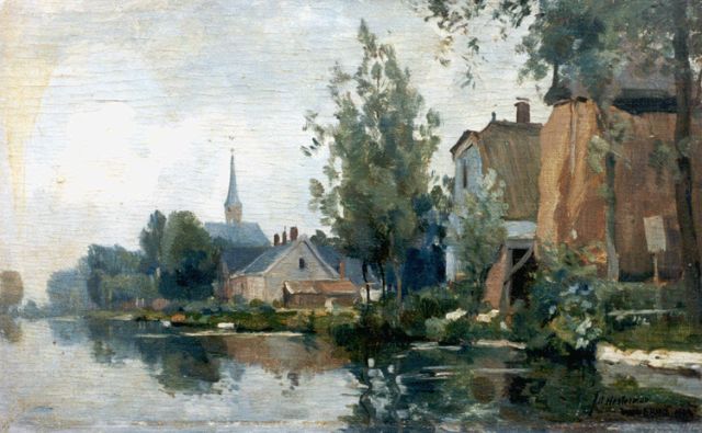 Hesterman jr. J.A.  | View of Woubrugge, oil on panel 21.1 x 32.0 cm, signed l.r. and on the reverse and dated 1922