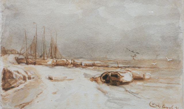 Apol L.F.H.  | Moored boats in winter, washed ink and watercolour on paper 11.0 x 18.0 cm, signed l.r.