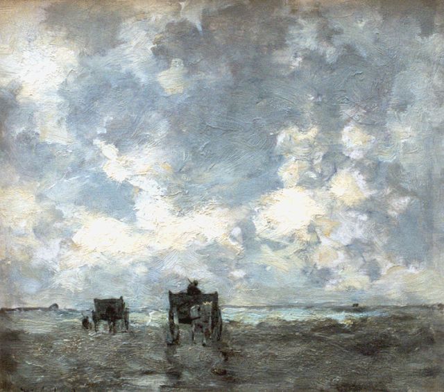 Weissenbruch H.J.  | Shell-gatherers on the beach, oil on panel 26.8 x 29.2 cm, signed l.l. and dated 1902