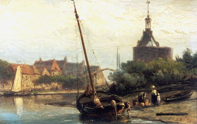 Koekkoek J.H.B.  | View of Enkhuizen, with the 'Drommedaris' beyond, oil on panel 10.9 x 16.4 cm, signed l.r. with initials and dated '80