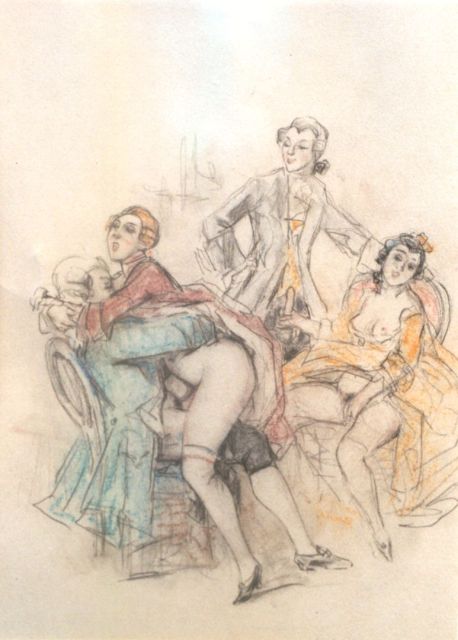 Tom Poulton | Réunion mondaine / Mondain feestje, kleurpotlood op papier, 21,5 x 18,0 cm