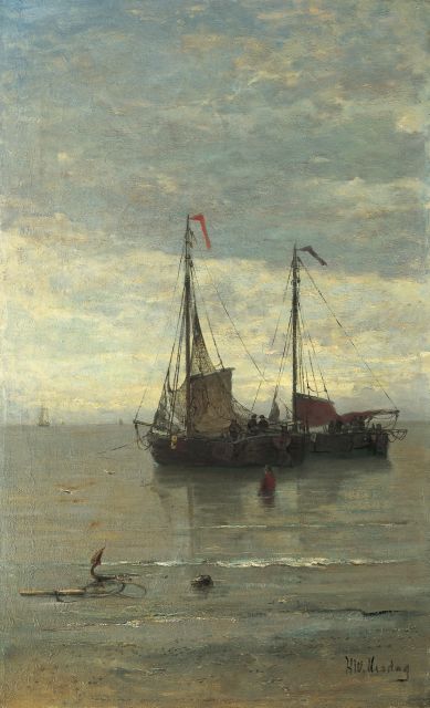 Mesdag H.W.  | Anchored 'bomschuiten', oil on canvas 78.7 x 48.3 cm, signed l.r.
