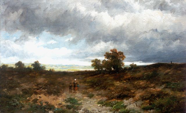 Wijngaerdt A.J. van | Weids Hollands landschap met figuren, olieverf op paneel 15,8 x 25,6 cm, gesigneerd r.o.