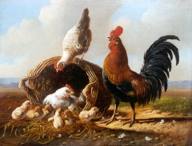 Verhoesen A.  | A rooster, hen and chicks, oil on panel 13.5 x 17.1 cm, signed l.c. and dated 1872