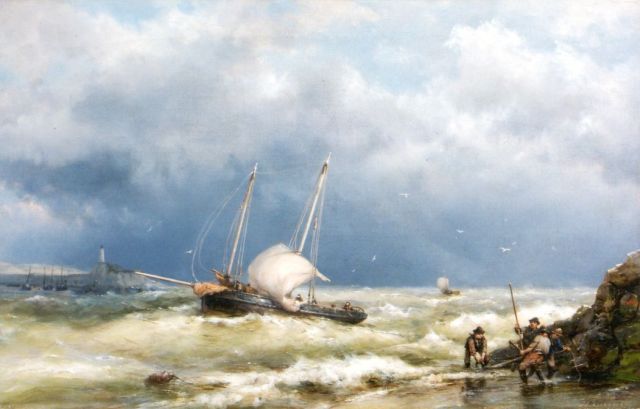 Koekkoek H.  | Shipping in a stiff breeze, oil on canvas 37.1 x 58.3 cm, signed l.r.