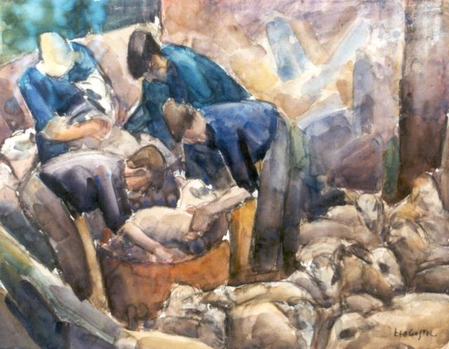 Gestel L.  | Sheepshearers, charcoal and watercolour on paper 47.4 x 61.5 cm, signed l.r. and painted circa 1926