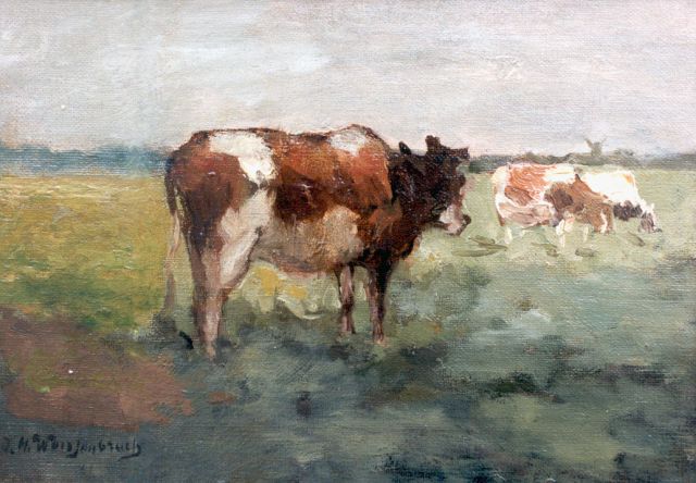 Weissenbruch H.J.  | Cows in a meadow, oil on canvas laid down on panel 17.0 x 24.0 cm, signed l.l.