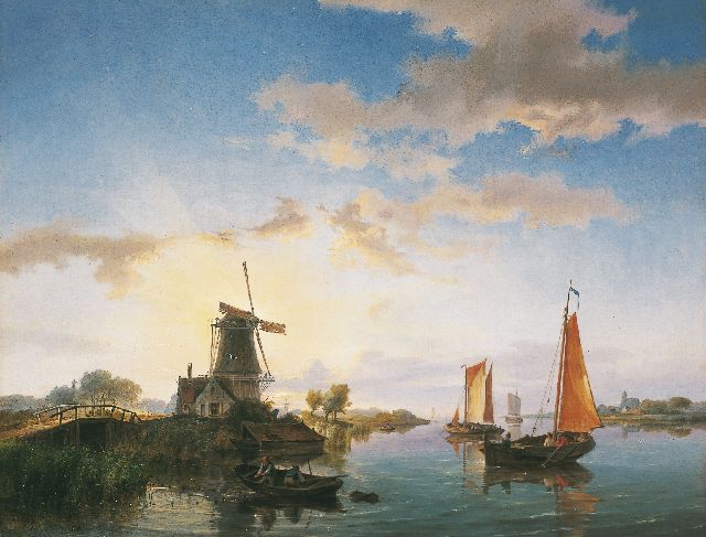 Koekkoek H.  | A river landscape at sunset, oil on canvas 40.5 x 52.3 cm, signed l.l. and on a label on the reverse and dated 1845