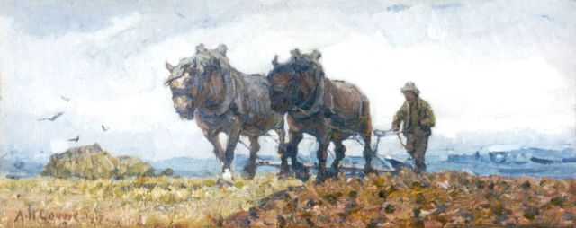 Gouwe A.H.  | Ploughing farmer, oil on canvas 13.6 x 33.3 cm, dated 1917