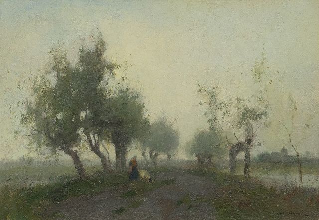 Knikker A.  | A country woman with her goat on a path, oil on canvas 30.0 x 43.5 cm, signed l.r.