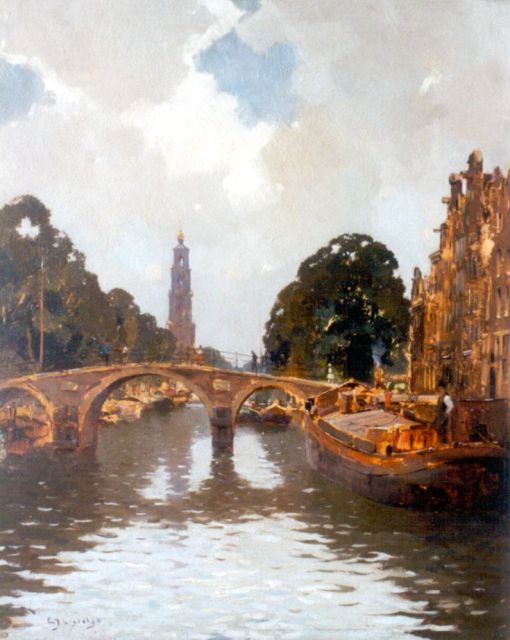Ligtelijn E.J.  | View of the Prinsengracht, with the Westertoren beyond, Amsterdam, oil on painter's board 50.0 x 40.0 cm, signed l.l.
