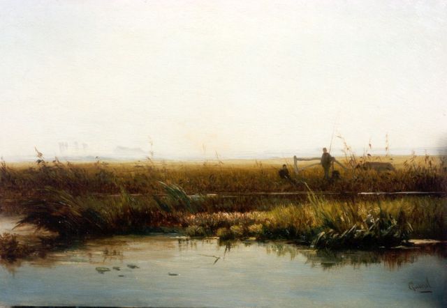 Constan Gabriel | Fishermen in a polder landscape, oil on panel, 21.5 x 31.3 cm, signed l.r.