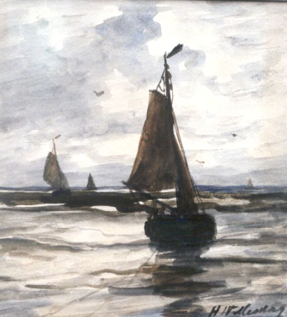 Mesdag H.W.  | Moored 'bomschuiten' in the surf, watercolour on paper 19.5 x 17.0 cm, signed l.r.