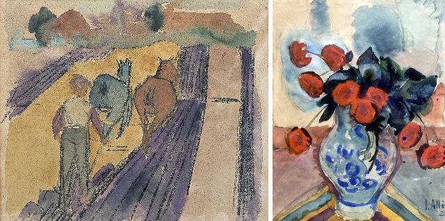 Altink J.  | A ploughing farmer (recto); Flower still life (verso), watercolour on paper 43.3 x 54.2 cm, signed on the reverse and dated '24 on the reverse