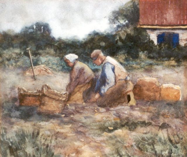 Polvliet B.J.A.  | Digging up potatoes, watercolour on paper 25.5 x 29.0 cm, signed l.r.