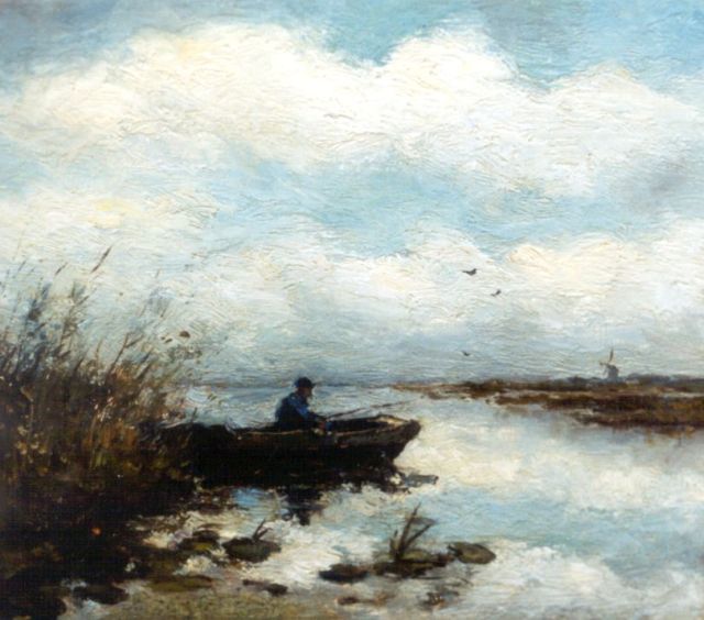 Jan Hendrik Weissenbruch | A polder landscape with a fisherman in a barge, oil on panel, 16.2 x 18.2 cm, signed traces of signature c.l.