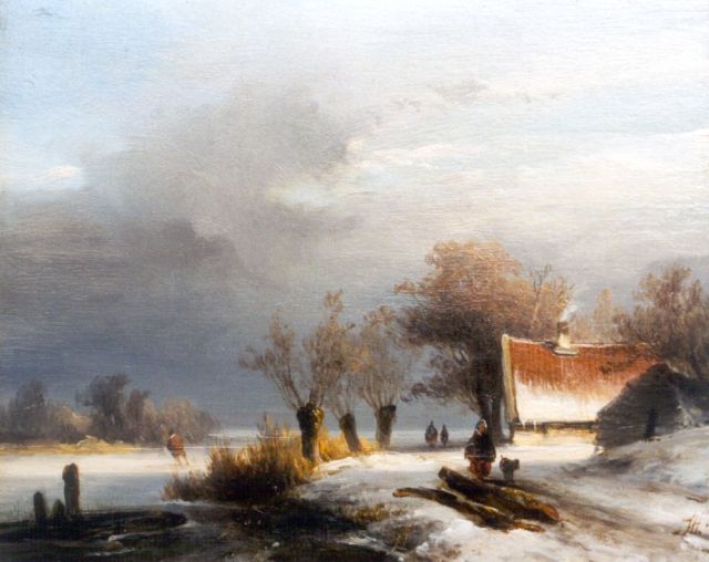 Hoppenbrouwers J.F.  | A skater on a frozen waterway, oil on panel 16.0 x 19.5 cm, signed l.r. with monogram