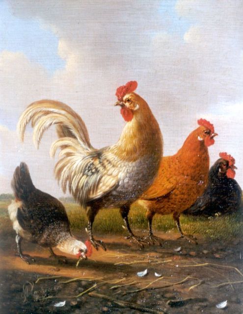 Verhoesen A.  | A rooster and chickens, oil on panel 18.0 x 14.5 cm, signed l.l. and dated 1857