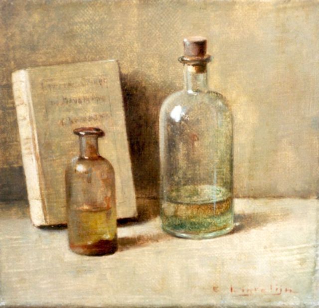 Ligtelijn E.J.  | Still life with dispensing-bottles, oil on canvas 14.3 x 14.8 cm, signed l.r.
