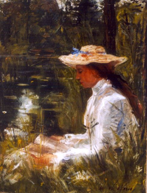 Maris S.W.  | An elegant lady reading by a pond, oil on canvas 52.3 x 40.0 cm, signed l.r.