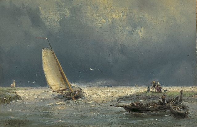 Koekkoek H.  | A vessel in stormy waters, oil on panel 13.8 x 21.0 cm, signed l.l.