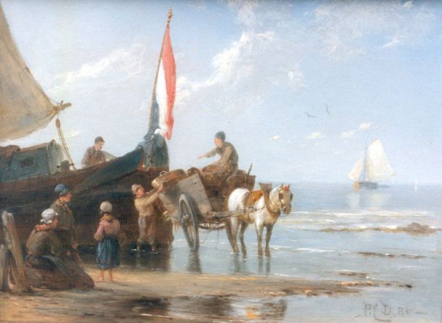 Dommershuijzen P.C.  | Unloading the catch, oil on panel 14.9 x 20.2 cm, signed with monogram and dated '86