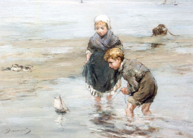 Blommers B.J.  | Children playing on the beach, oil on panel 19.5 x 26.9 cm, signed l.l.