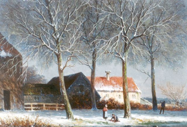 Eversen A.  | A path near a farm in winter, oil on panel 17.6 x 24.0 cm, signed l.l.