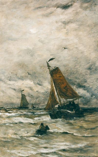 Mesdag H.W.  | A sailing vessel in the surf, oil on canvas 78.0 x 48.2 cm