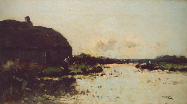 Knikker A.  | A farm near the water, oil on canvas 25.4 x 45.4 cm, signed signed with pseudonym 'W. Markestein' l.r.