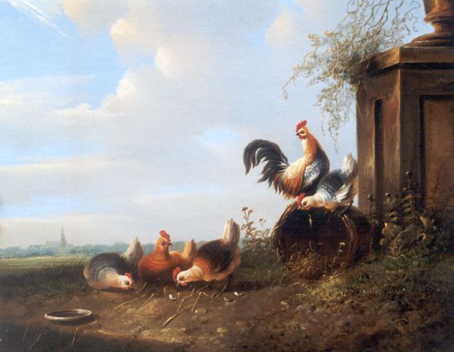 Verhoesen A.  | Chickens and a rooster in a landscape, oil on panel 19.6 x 23.9 cm, signed l.r.
